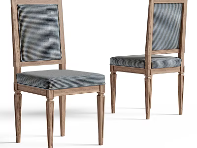 Classic Wooden Frame Dining Chairs With Blue Gray Checkered Upholstered Backrest And Seat 3d model