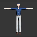 3D Character Model With Blue Shirt White Striped Pants Brown Shoes And Arms Outstretched Pose