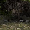 Cave Interior With Stone Walls Green Vines Stalactites And Mossy Floor