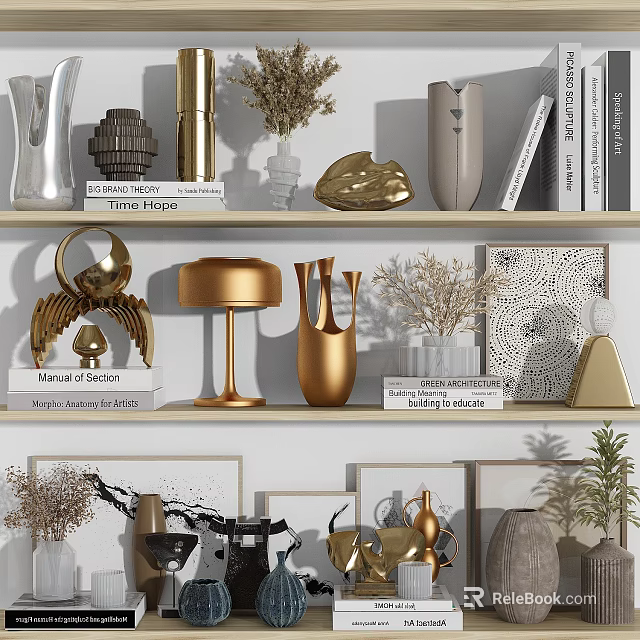 Elegant Decorative Ornament Combination with Gold Silver Vases Books Dried Plants and Sculptures on Shelves 3d model 