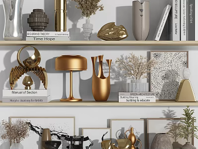 Elegant Decorative Ornament Combination with Gold Silver Vases Books Dried Plants and Sculptures on Shelves 3d model
