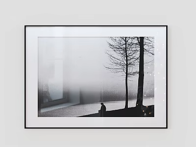 Black and white framed landscape painting with misty trees person and building by water 3d model
