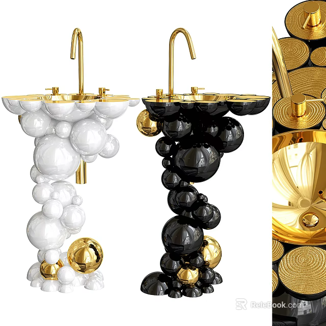 Modern Spherical Design Washbasin with White Black Bodies and Gold Faucet Accents 3d model 