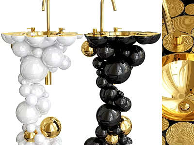 Modern Spherical Design Washbasin with White Black Bodies and Gold Faucet Accents 3d model