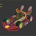Red Go Kart Featuring Yellow Stripes Black Wheels Yellow Rims Exhaust Pipes And Storm Logo