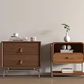 Modern Wooden Bedside Tables With Drawers Shelf Metal Legs And Vase Books On Top