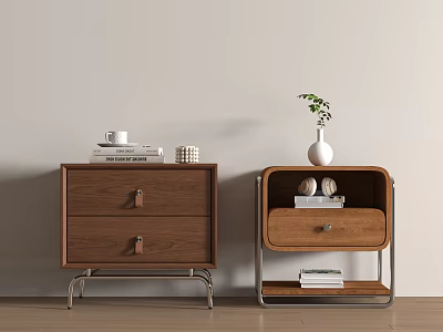 Modern Wooden Bedside Tables With Drawers Shelf Metal Legs And Vase Books On Top 3d model