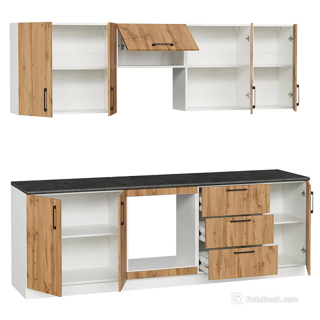 Modern Wooden Storage Cabinet With Drawers Open Shelves And Black Countertop 3d model 