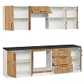 Modern Wooden Storage Cabinet With Drawers Open Shelves And Black Countertop