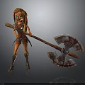 3D Female Warrior Character With Large Battle Axe And Leather Outfit