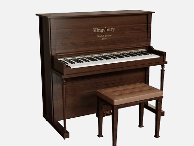 Kingsbury Upright Piano As Home Living Essential With Brown Wooden Body And Leather Cushioned Stool 3d model