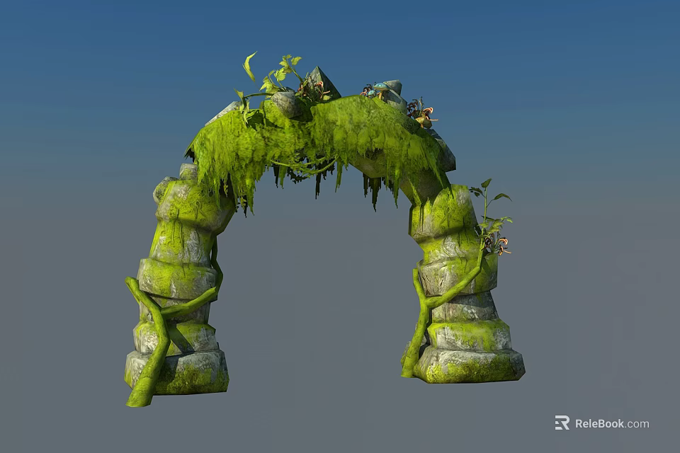 Green Moss Covered Stone Archway With Vines And Small Plants On Building Exterior 3d model 