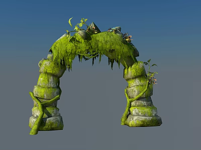 Green Moss Covered Stone Archway With Vines And Small Plants On Building Exterior 3d model