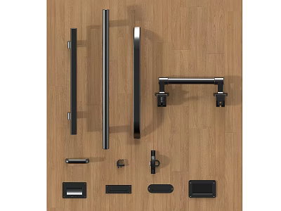 Modern Metal Door Handles With Various Designs And Wooden Background 3d model
