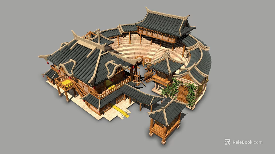 Traditional Ancient Architecture With Circular Courtyard Multiple Black Tiled Roofs Wooden Details And Green Plants 3d model 