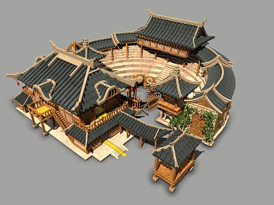 Traditional Ancient Architecture With Circular Courtyard Multiple Black Tiled Roofs Wooden Details And Green Plants 3d model