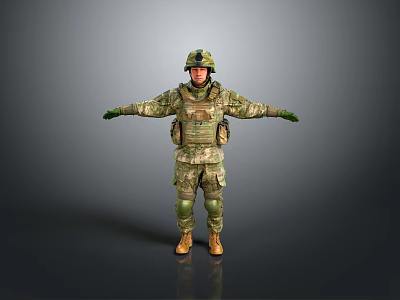 Military Soldier In Camouflage Uniform With Helmet Knee Pads Arms Outstretched Against Gray Background 3d model