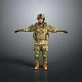 Military Soldier In Camouflage Uniform With Helmet Knee Pads Arms Outstretched Against Gray Background