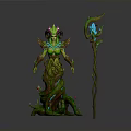 Horned Nature Guardian Creature Design With Plant Like Body And Blue Glowing Vine Staff