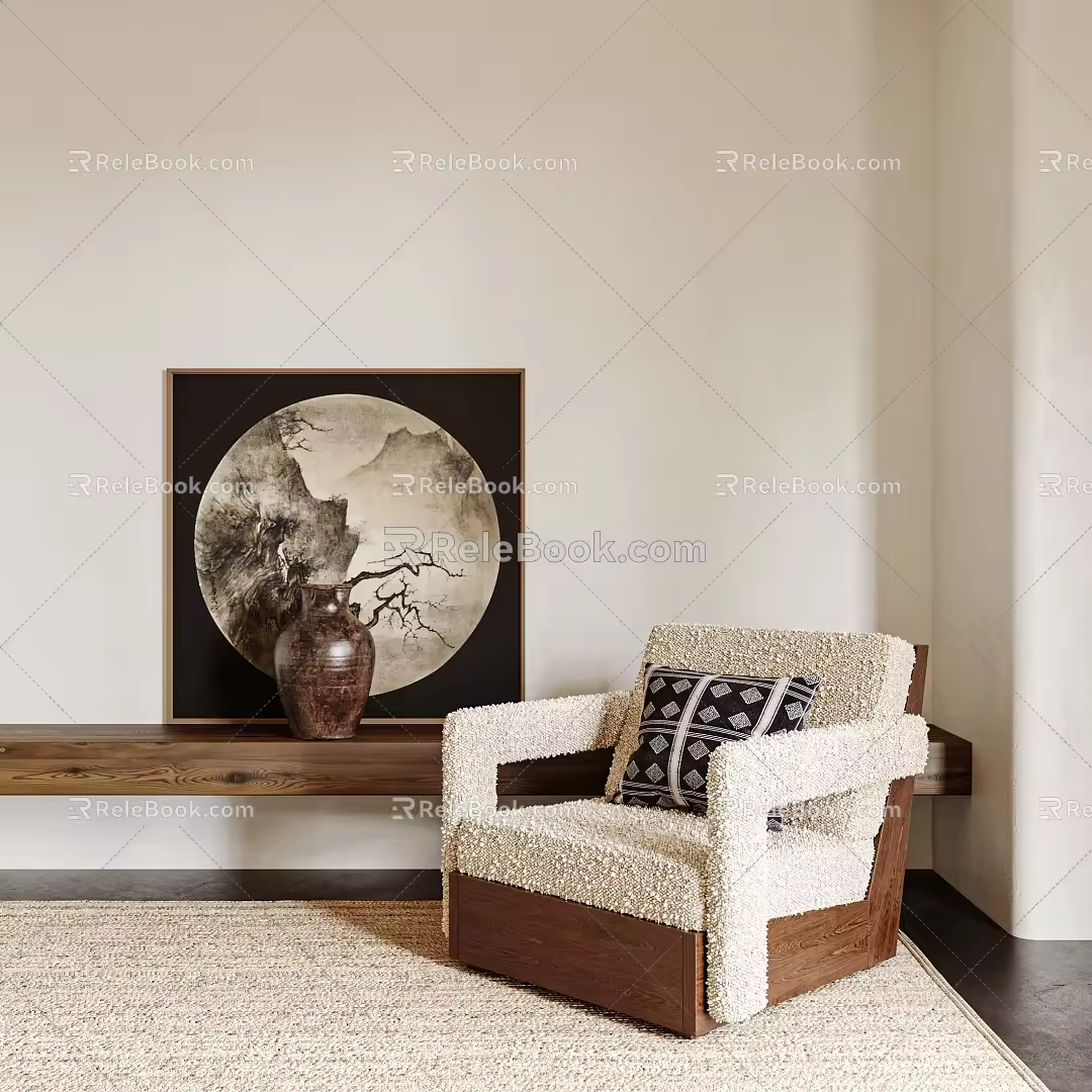 Quiet Chinese and Ancient Style Single Person Sofa Quiet Style Decorative Painting Vase 3d model