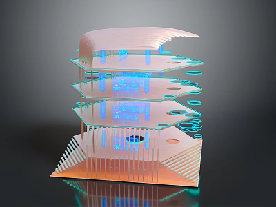 Futuristic Multi Layered Architectural Model With Blue Orange Lighting And Geometric Design 3d model