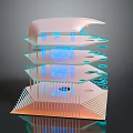 Futuristic Multi Layered Architectural Model With Blue Orange Lighting And Geometric Design