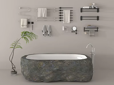Natural Stone Bathtub with Faucet in Minimalist Bathroom Towel Racks Towels Mirror and Plant 3d model