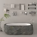 Natural Stone Bathtub with Faucet in Minimalist Bathroom Towel Racks Towels Mirror and Plant