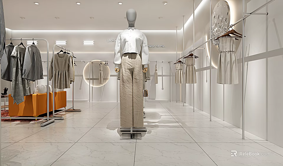 Modern Clothing Store Interior With Mannequin Display And Fashionable Apparel Styles 3d model 