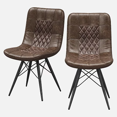 Brown Leather Dining Chairs With Diamond Tufted Design And Black Metal Crossed Legs 3d model
