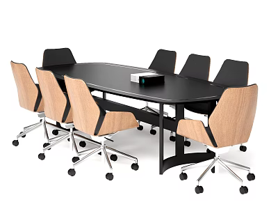 Modern Oval Conference Table With Black Surface And Rolling Wooden Chairs 3d model