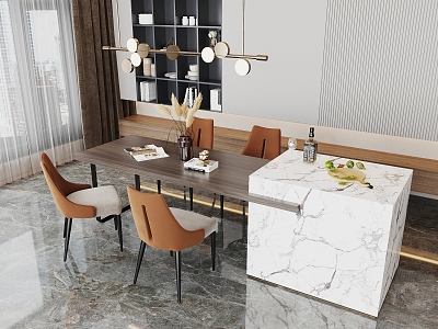 Restaurant Dining Table and Chair Combination Chandelier Bar Counter Middle Island Table Dining Chair 3d model