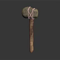 Artisanal Carved Stone Hammer With Wooden Handle And Rope Binding Details