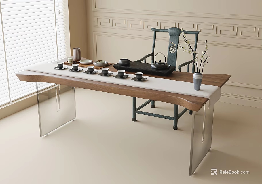 Minimalist Tea Table and Chairs with Wooden Top Metal Legs Tea Sets and Flower Vase 3d model 