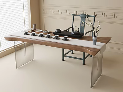 Minimalist Tea Table and Chairs with Wooden Top Metal Legs Tea Sets and Flower Vase 3d model