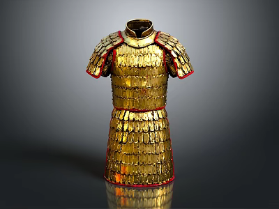 Ancient Golden Armor Weapon With Metal Plates Red Trim And Shiny Surface 3d model