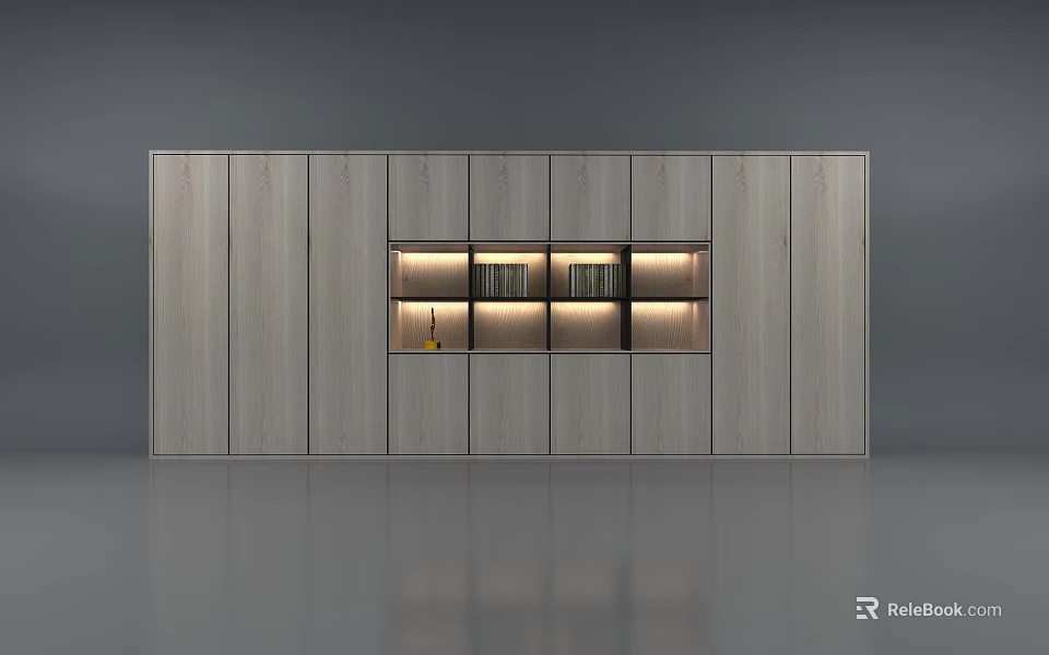 Modern Wood Grain Bookcase With Built in LED Lighting Open Shelves And Storage Cabinets 3d model 