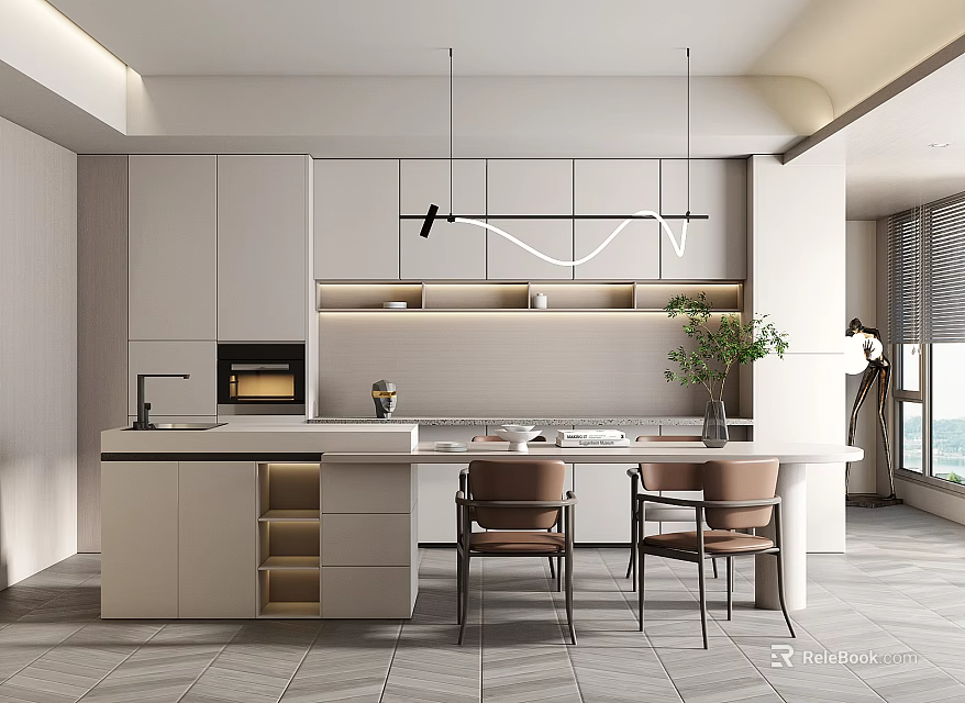 Modern Kitchen Interior Design With Island Counter Cabinets And Pendant Lights 3d model 