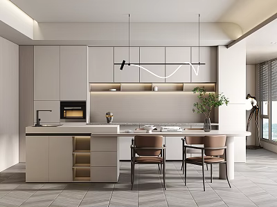 Modern Kitchen Interior Design With Island Counter Cabinets And Pendant Lights 3d model