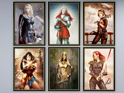 Colorful Framed Female Warrior Character Artworks With Weapons Decorative Paintings 3d model