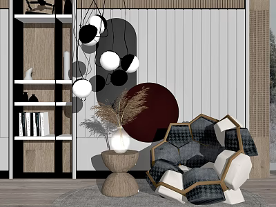 Contemporary Accent Chair With Geometric Cushions And Dried Pampas Grass 3d model