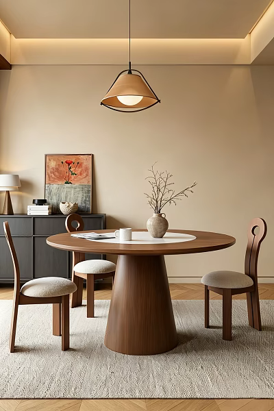 Round Wooden Dining Table Set with Three Gray Cushioned Chairs and Vase with Branches 3d model