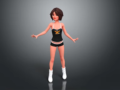 Game And Movie Female Character With Short Hair Black Tank Top Shorts White Boots Standing 3d model