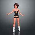 Game And Movie Female Character With Short Hair Black Tank Top Shorts White Boots Standing