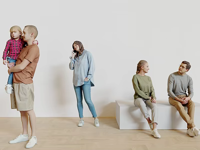 Group of People Standing and Sitting on Bench With White Wall Wooden Floor Holding Child 3d model