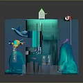 Underwater Scene Structure With Green Roof House Red Boat Manta Rays Purple Fish And Rocks