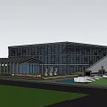 Modern Museum Building With Geometric Roof Water Pool Green Lawn And Pedestrian Walkway