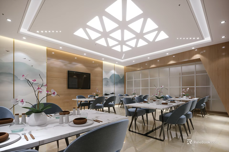 Modern Restaurant Interior with Geometric Skylight Wooden Decor Landscape Art Gray Chairs and White Tables 3d model 