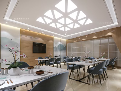 Modern Restaurant Interior with Geometric Skylight Wooden Decor Landscape Art Gray Chairs and White Tables 3d model