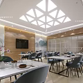 Modern Restaurant Interior with Geometric Skylight Wooden Decor Landscape Art Gray Chairs and White Tables